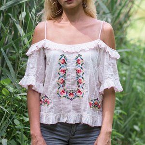 Cold Shoulder Top with Colorful Flower Embroidery